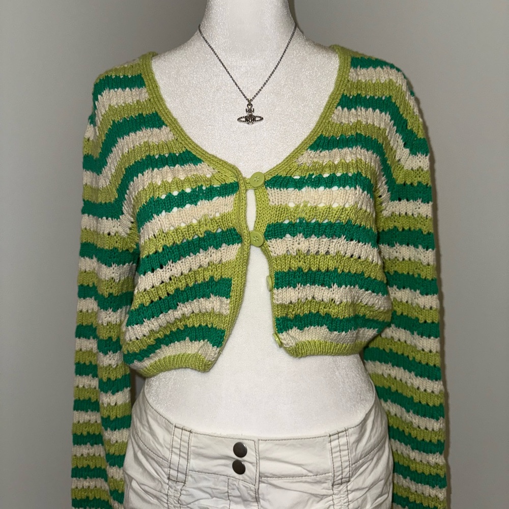 Zara Green and White Striped Cardigan